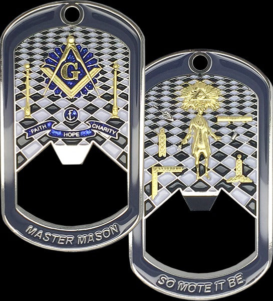Master Mason Blue Lodge Bottle Opener - Faith Hope Charity So Mote It Be - Bricks Masons