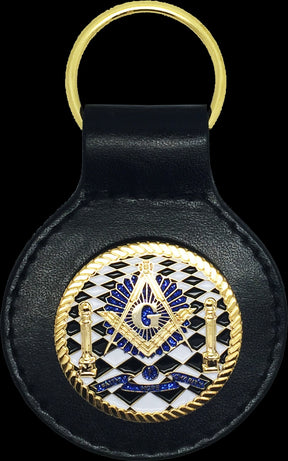 Master Mason Blue Lodge Keychain - Black Leather Chekered Floor With Pillars - Bricks Masons
