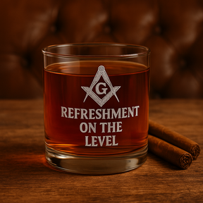 Master Mason Blue Lodge Whiskey Glass - Square & Compass G Refreshment On The Level