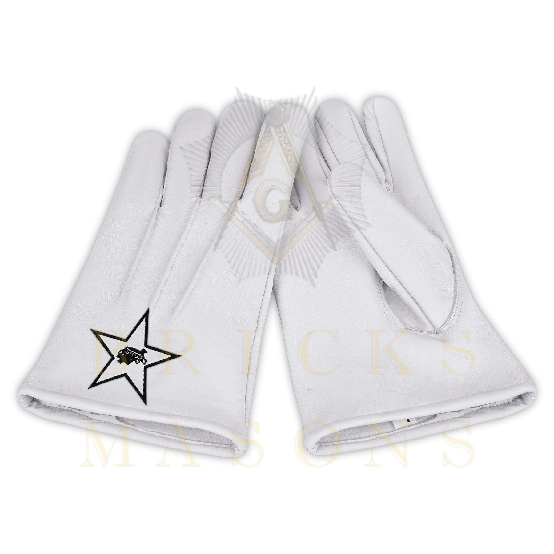Knights Templar Gloves - White Leather Black Star Cross & Crown