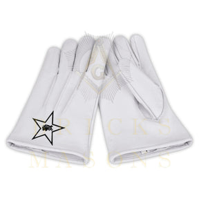 Knights Templar Gloves - White Leather Black Star Cross & Crown