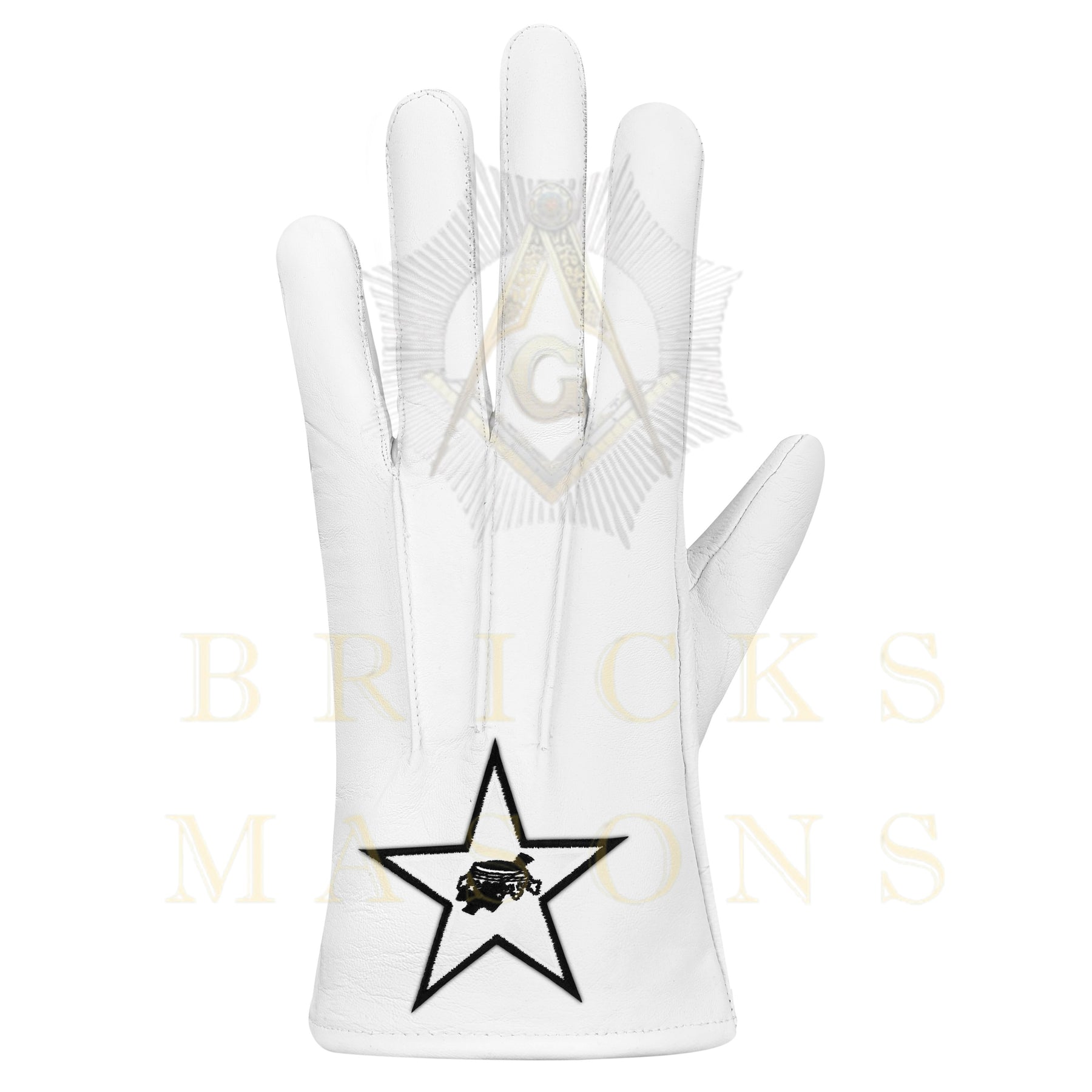Knights Templar Gloves - White Leather Black Star Cross & Crown