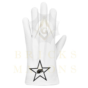 Knights Templar Gloves - White Leather Black Star Cross & Crown