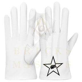Knights Templar Gloves - White Leather Black Star Cross & Crown