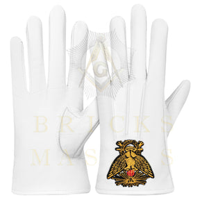 33rd Degree Scottish Rite Gloves -  White Leather Eagle Wings Up Patch - Bricks Masons
