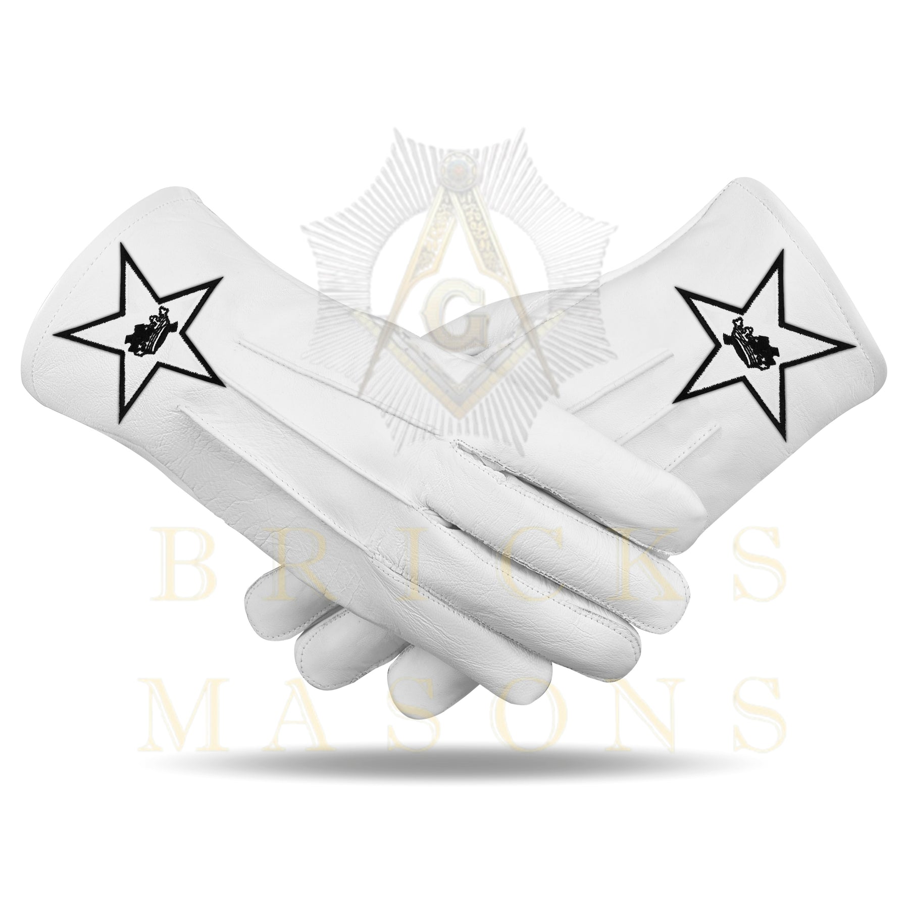 Knights Templar Gloves - White Leather Black Star Cross & Crown