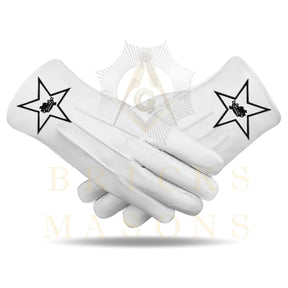 Knights Templar Gloves - White Leather Black Star Cross & Crown