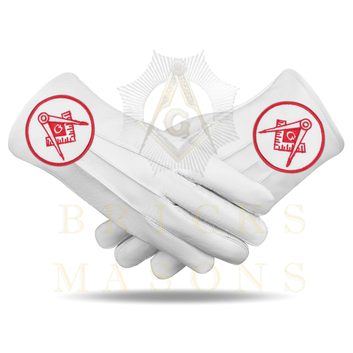 Master Mason Blue Lodge Gloves - White Leather Circular Red Square & Compass G Patch - Bricks Masons