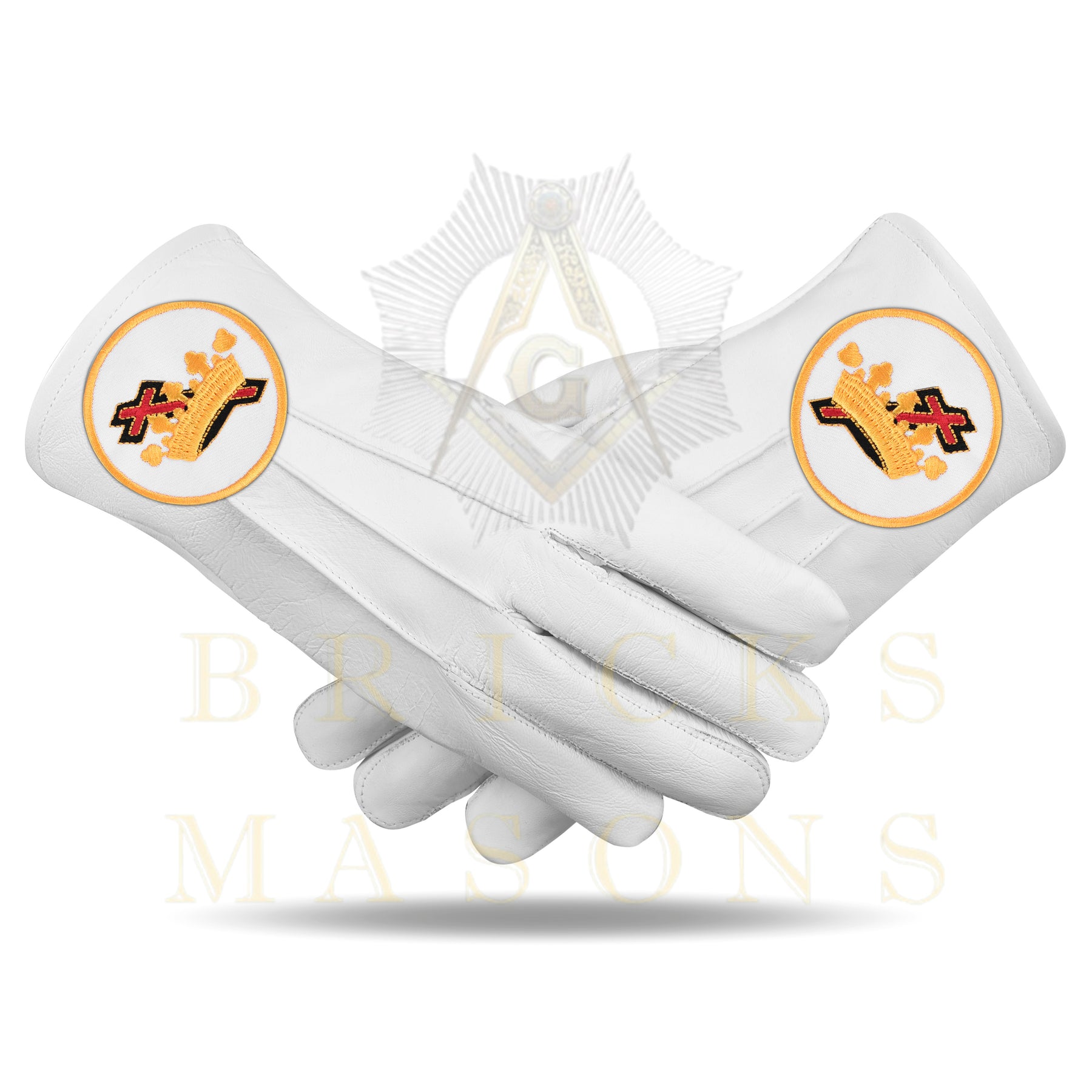 Knights Templar Gloves - White Leather Cross & Crown Emblem