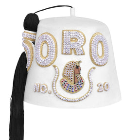 DOI Fez Hat - Pure White & Gold With Rhinestones (3 Rows as pictured) - Bricks Masons
