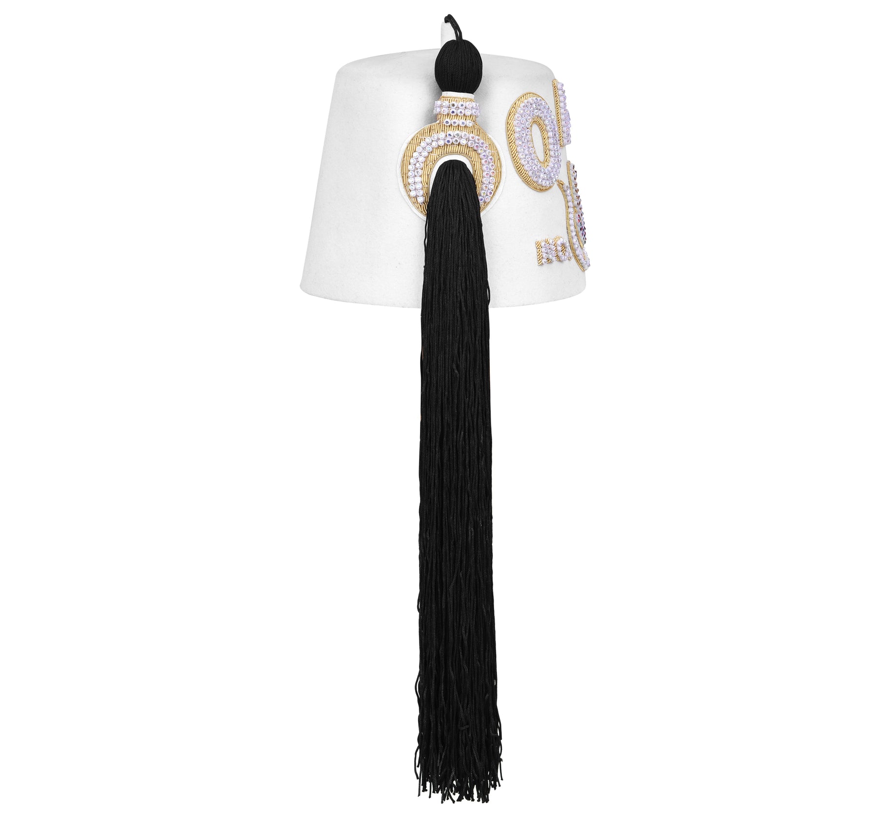 DOI Fez Hat - Pure White & Gold With Rhinestones (3 Rows as pictured) - Bricks Masons