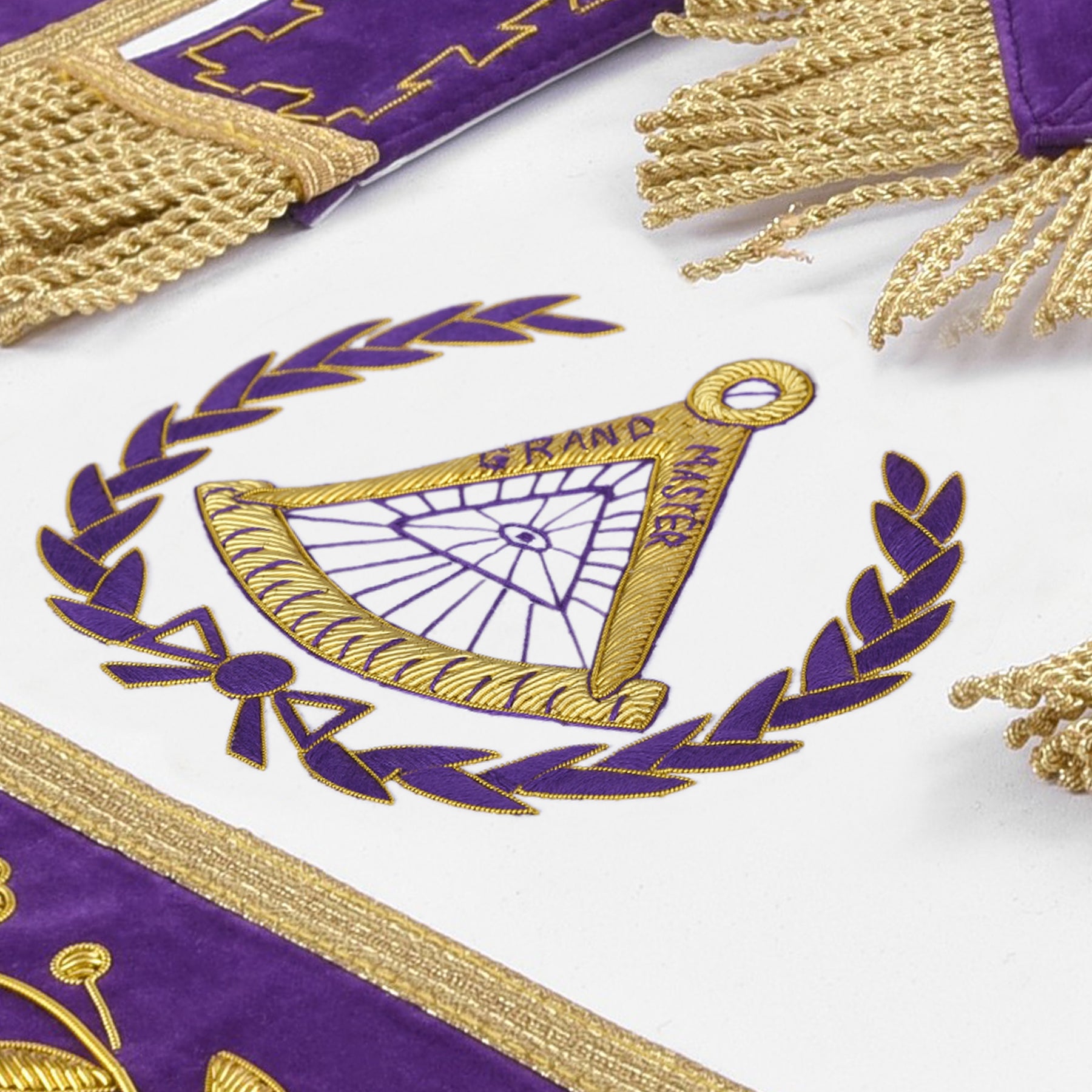 Grand Master Blue Lodge Apron - Purple Velvet Gold Bullion With Golden Braid Fringe