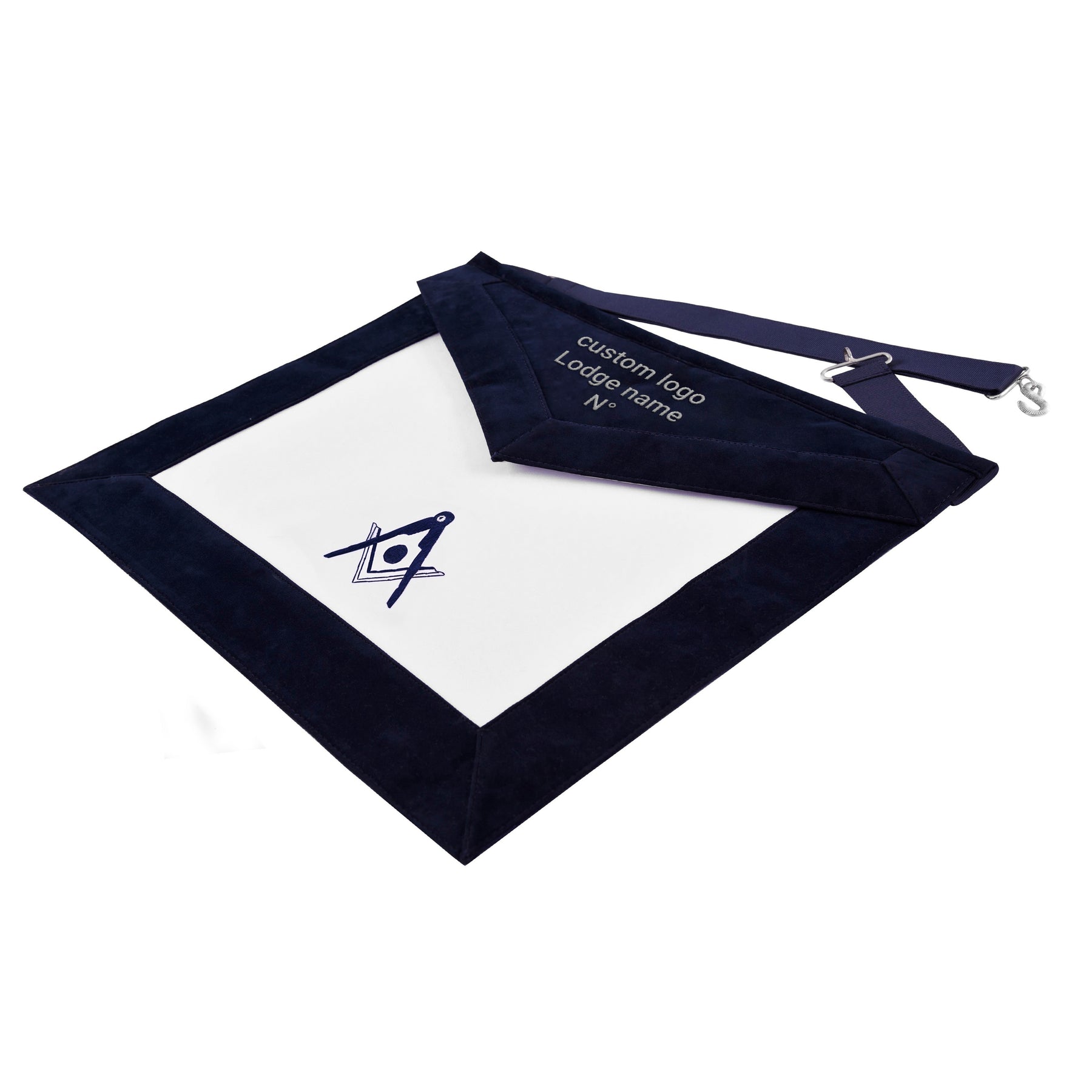 Senior Deacon Blue Lodge California Officer Apron - Navy Velvet With Silver Embroidery Thread