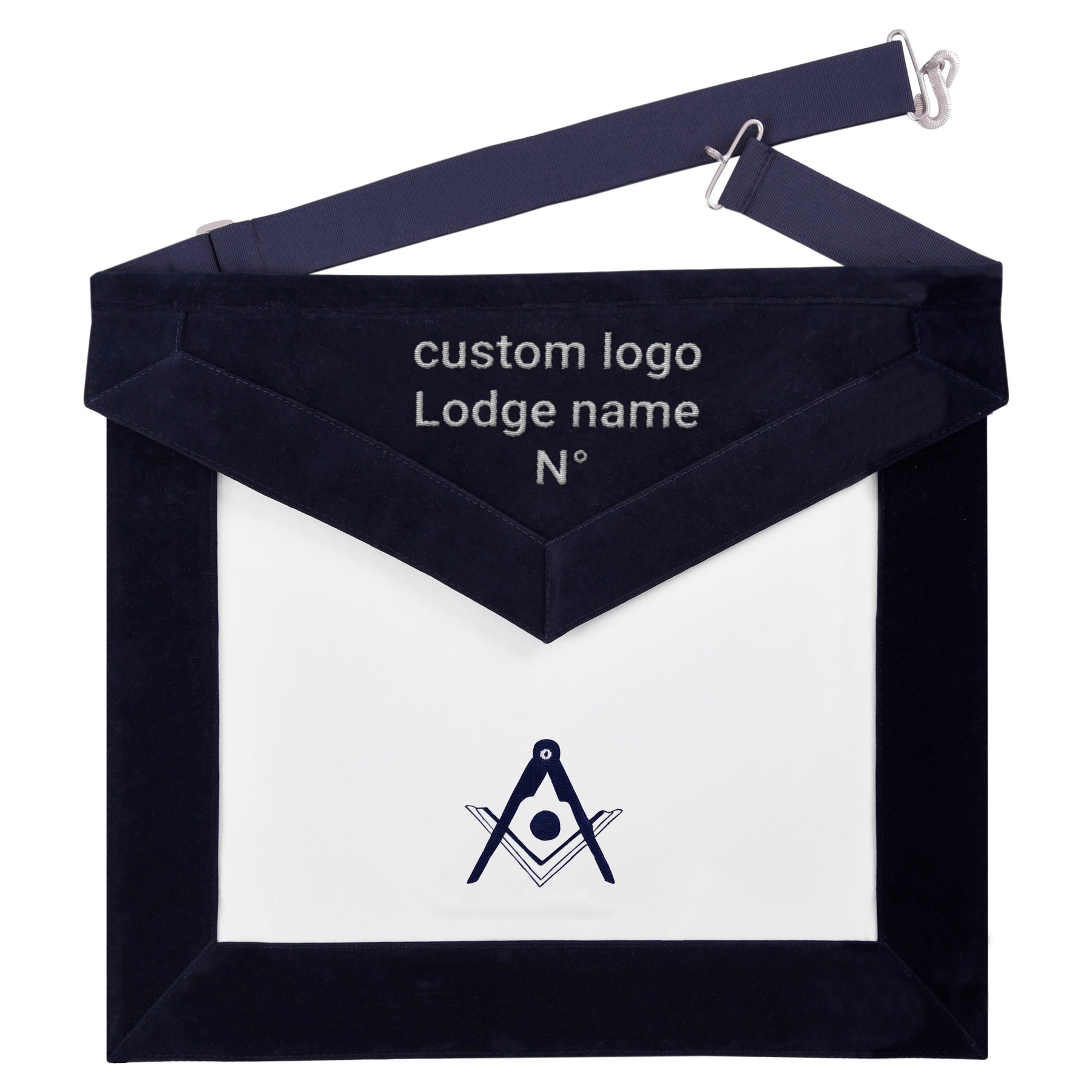 Senior Deacon Blue Lodge California Officer Apron - Navy Velvet With Silver Embroidery Thread