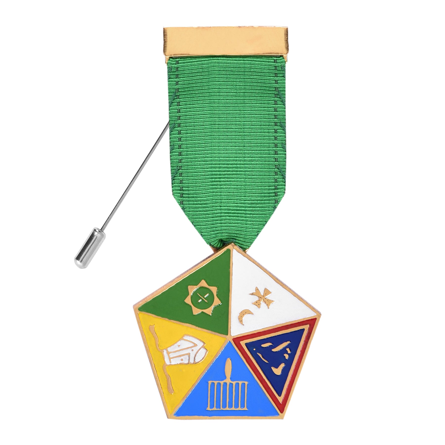 Allied Masonic Degrees Breast Jewel - Gold Plating With Green Ribbon - Bricks Masons
