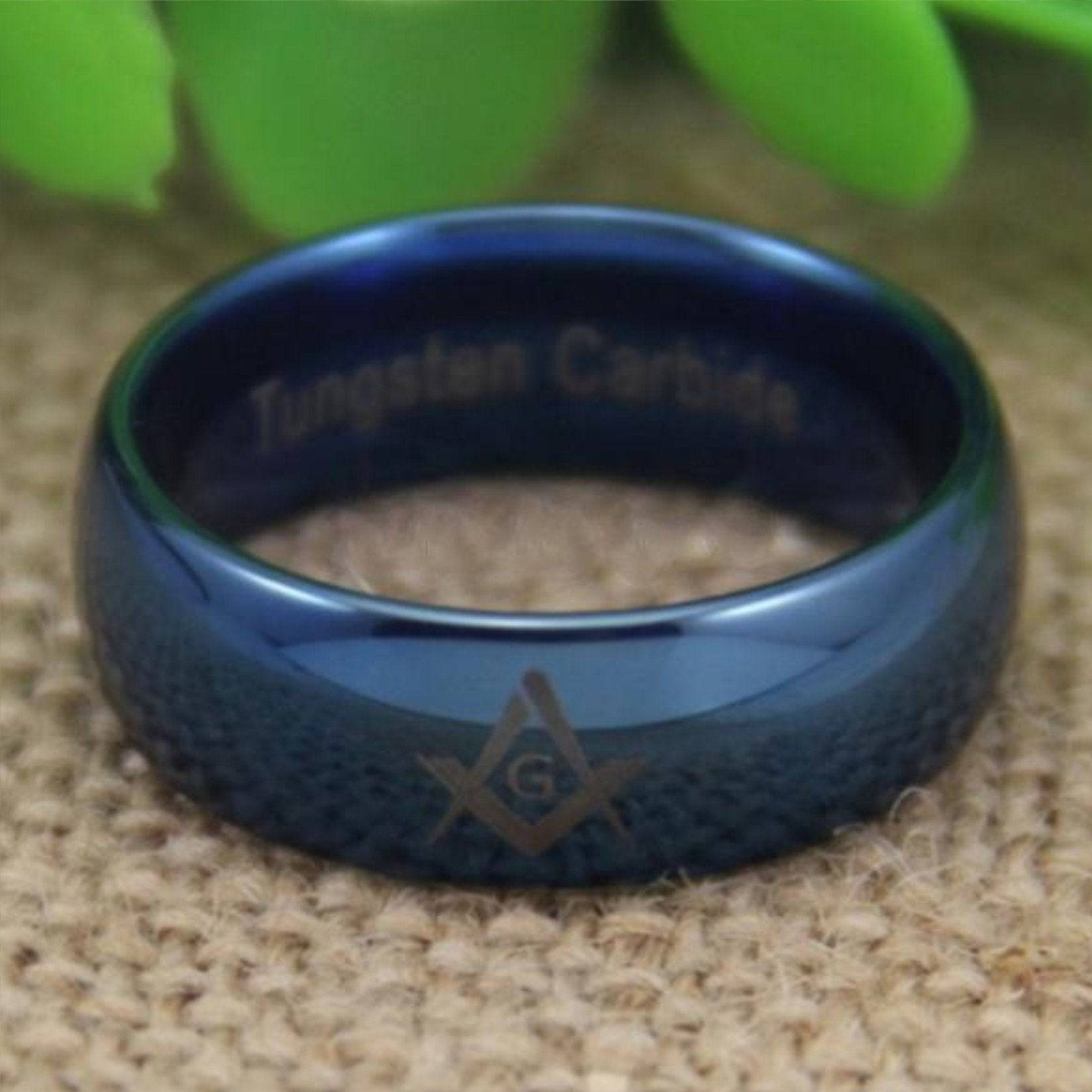 Master Mason Blue Lodge Ring - Blue Dome Tungsten Personalizable