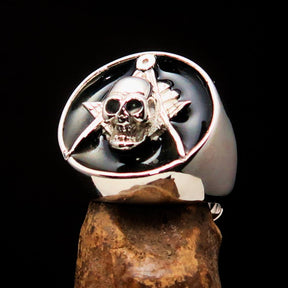 Master Mason Blue Lodge Ring - Black Sterling Silver With Skull Square and Compass