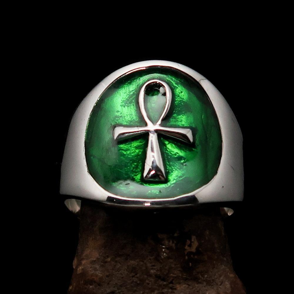 Ancient Egypt Ring - Green Sterling Silver Ankh