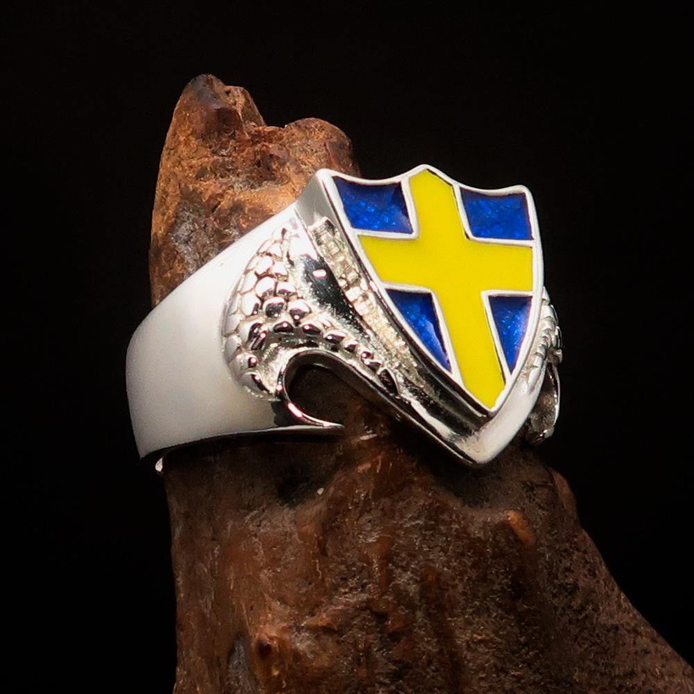 Knights Templar Commandery Ring - Flag of Sweden Yellow Cross on Blue Sterling Silver