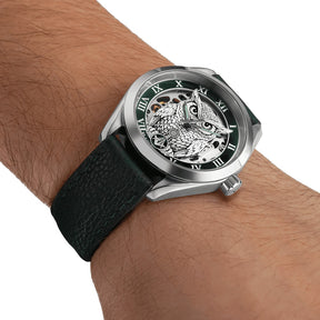 Reloj de pulsera Master Mason Blue Lodge - Bisel verde cuadrado y brújula G con búho