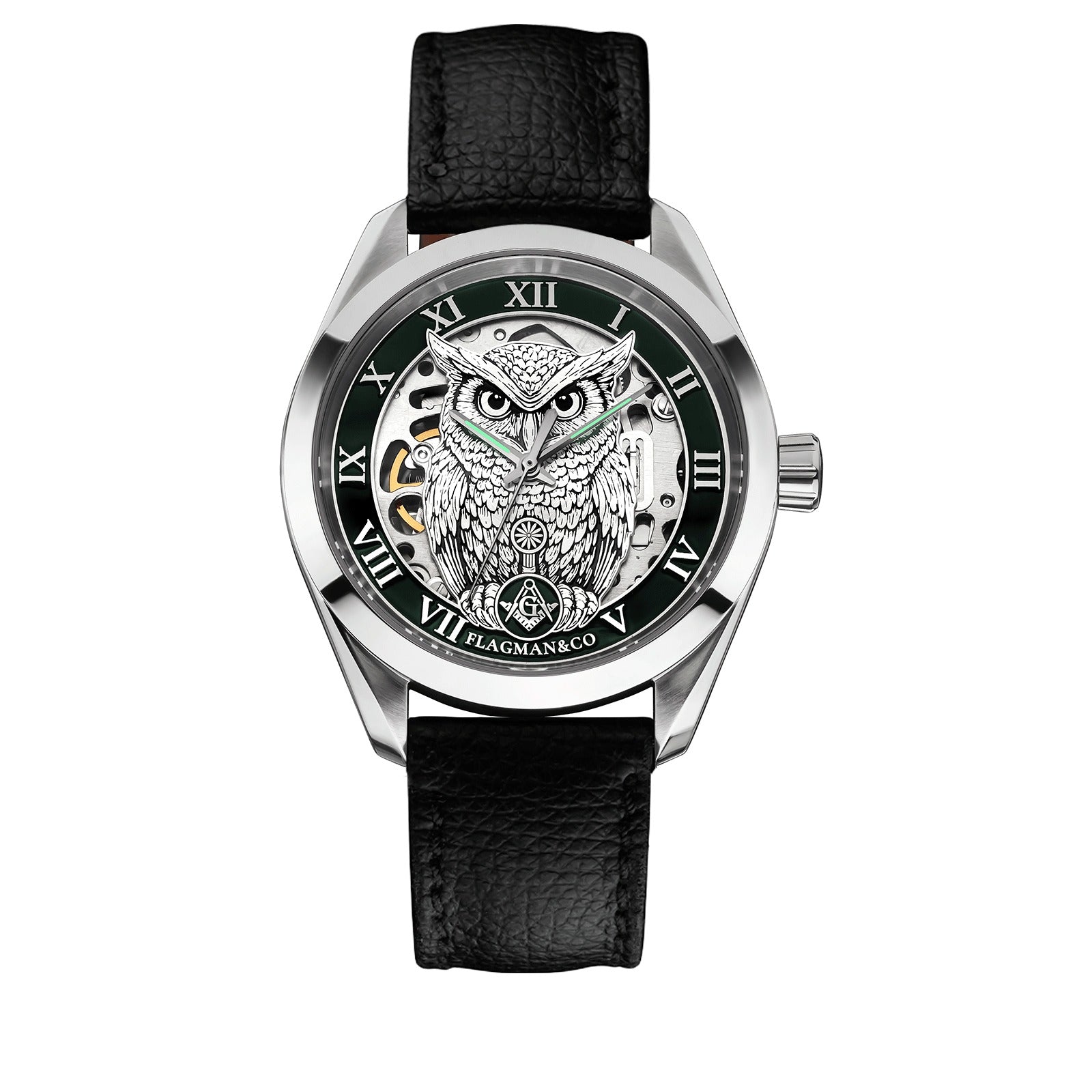 Reloj de pulsera Master Mason Blue Lodge - Bisel verde cuadrado y brújula G con búho