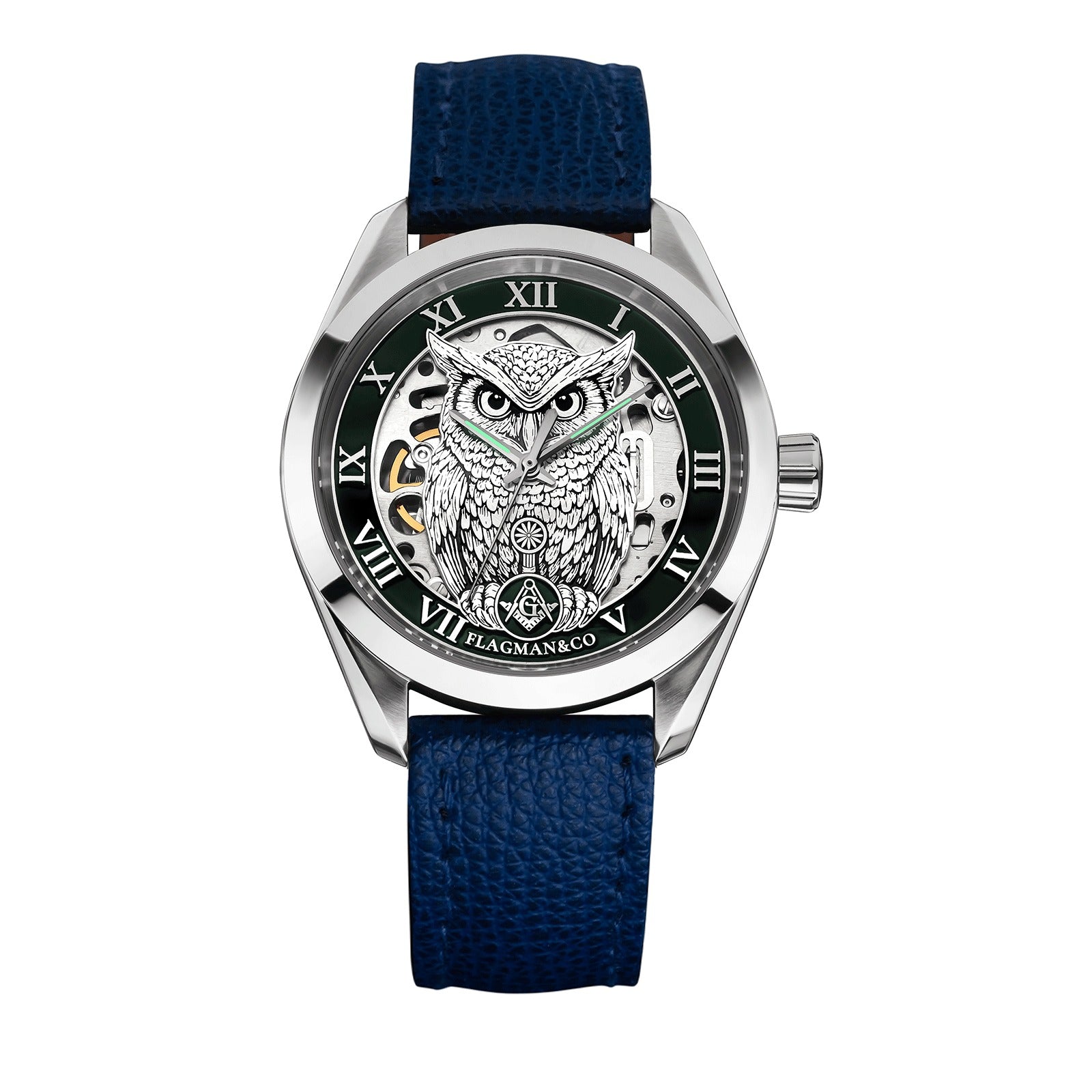 Reloj de pulsera Master Mason Blue Lodge - Bisel verde cuadrado y brújula G con búho