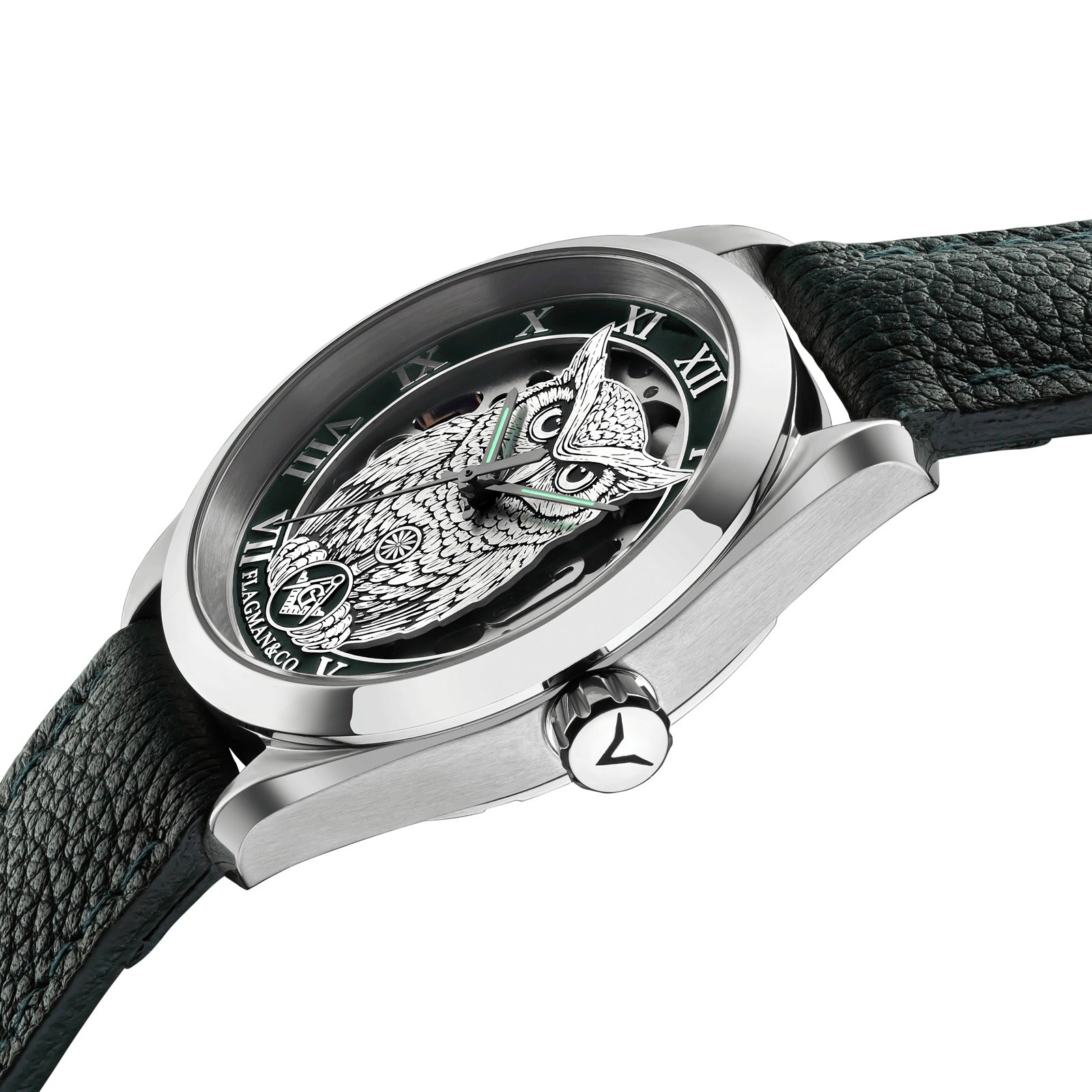 Reloj de pulsera Master Mason Blue Lodge - Bisel verde cuadrado y brújula G con búho