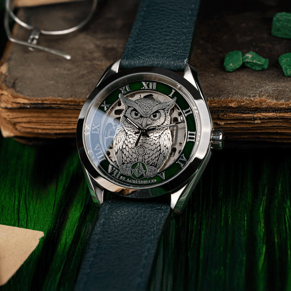 Reloj de pulsera Master Mason Blue Lodge - Bisel verde cuadrado y brújula G con búho