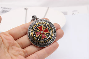 Knights Templar Commandery Pendant - Golden Steel Round Pendant With Red Cross - Bricks Masons