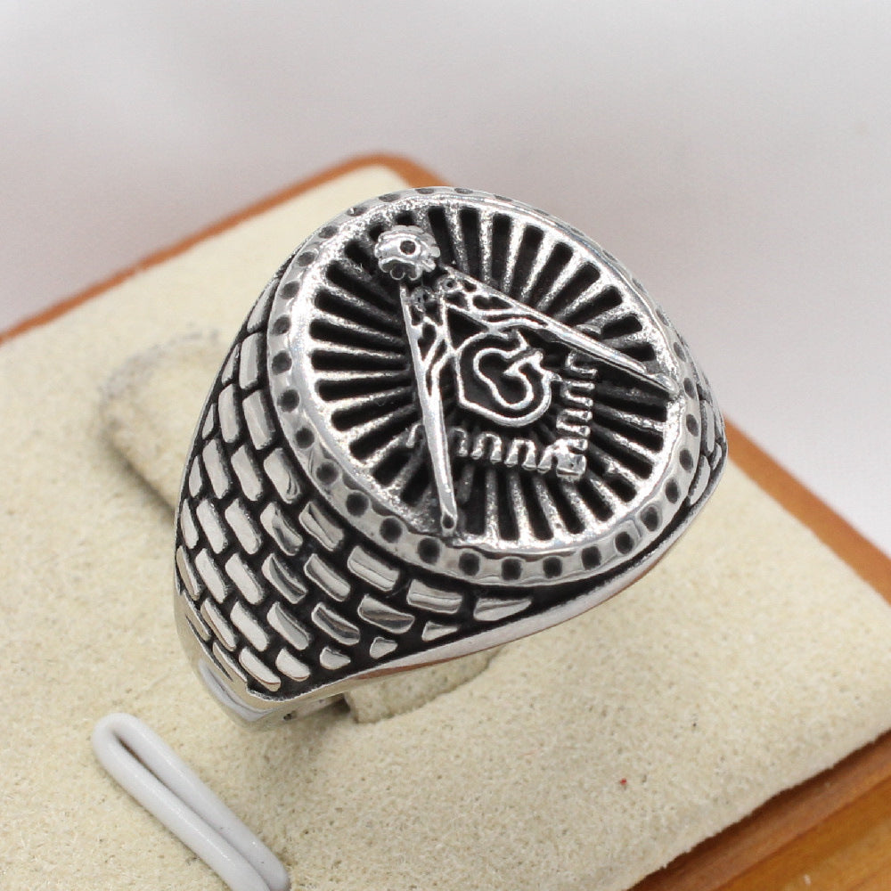 Master Mason Blue Lodge Ring - Silver Titanium Steel Square & Compass G - Bricks Masons