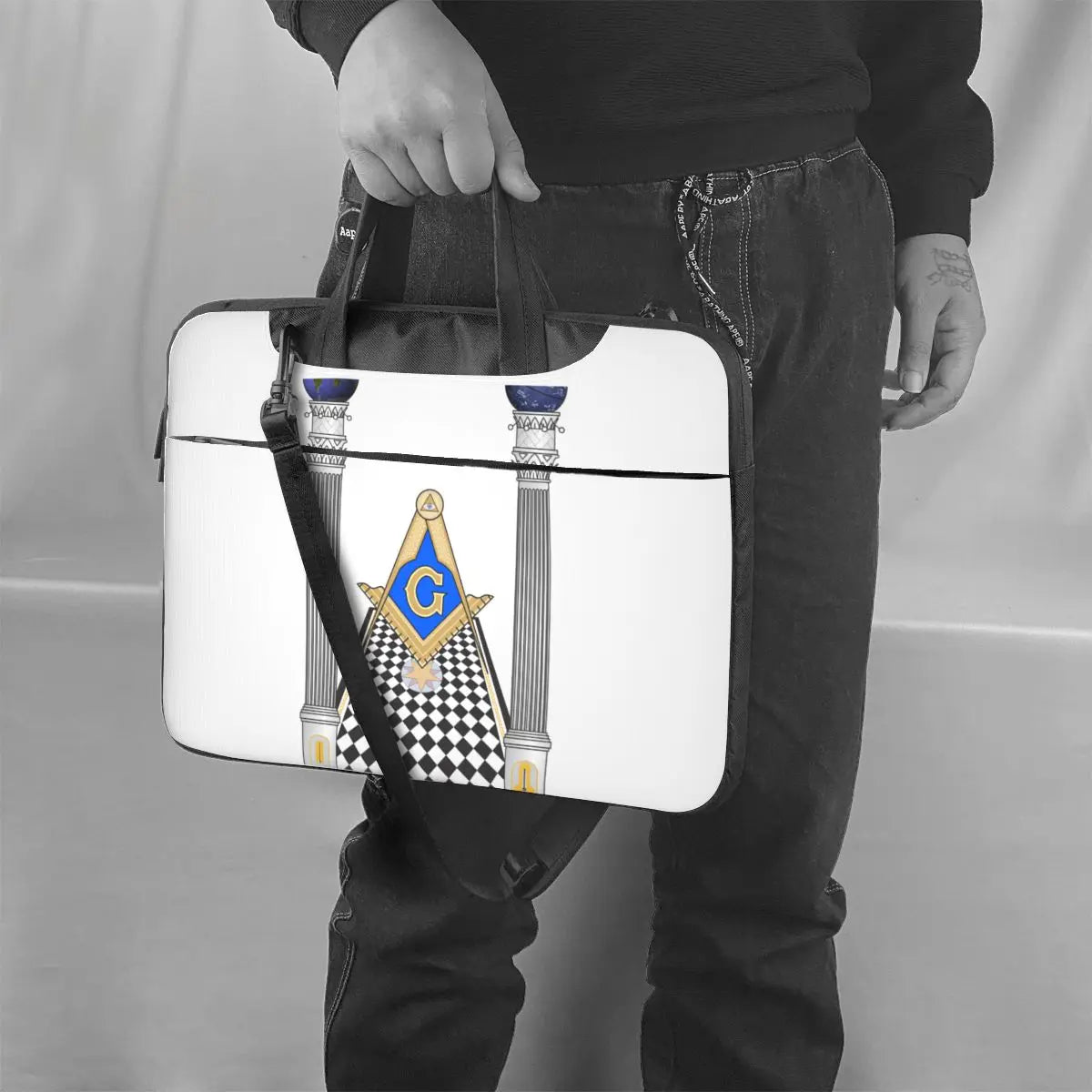 Master Mason Blue Lodge Laptop Bag - Square & Compass With Pillars - Bricks Masons