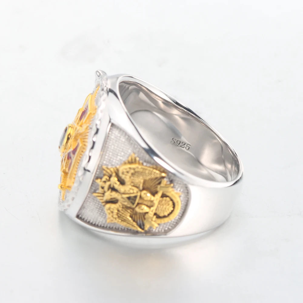 Sovereign Grand Inspector General Scottish Rite Ring - Sterling Silver Gold & Red - Bricks Masons