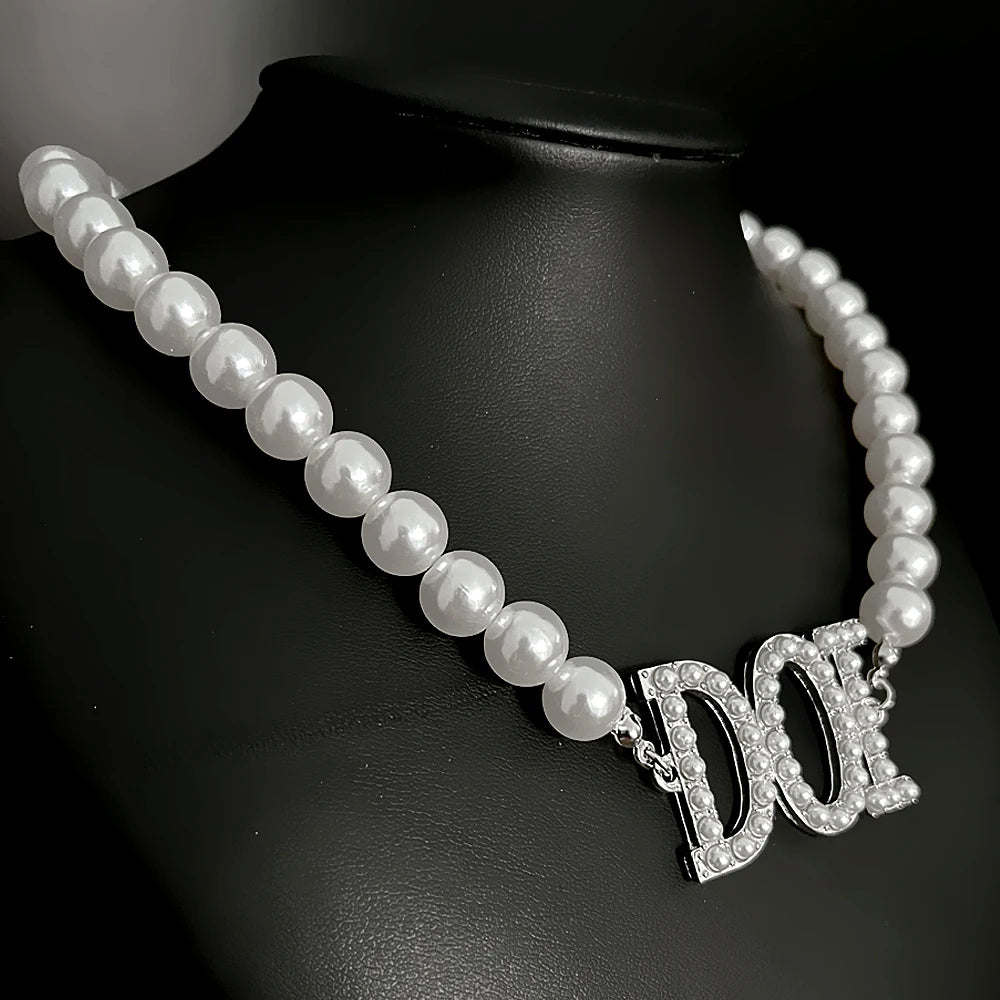 PHA DOI Necklace -  White & Silver With Letter Pearls - Bricks Masons