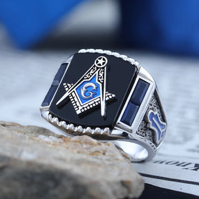 Master Mason Blue Lodge Ring - S&C G Antique Masonic Black or Blue Agate - Bricks Masons