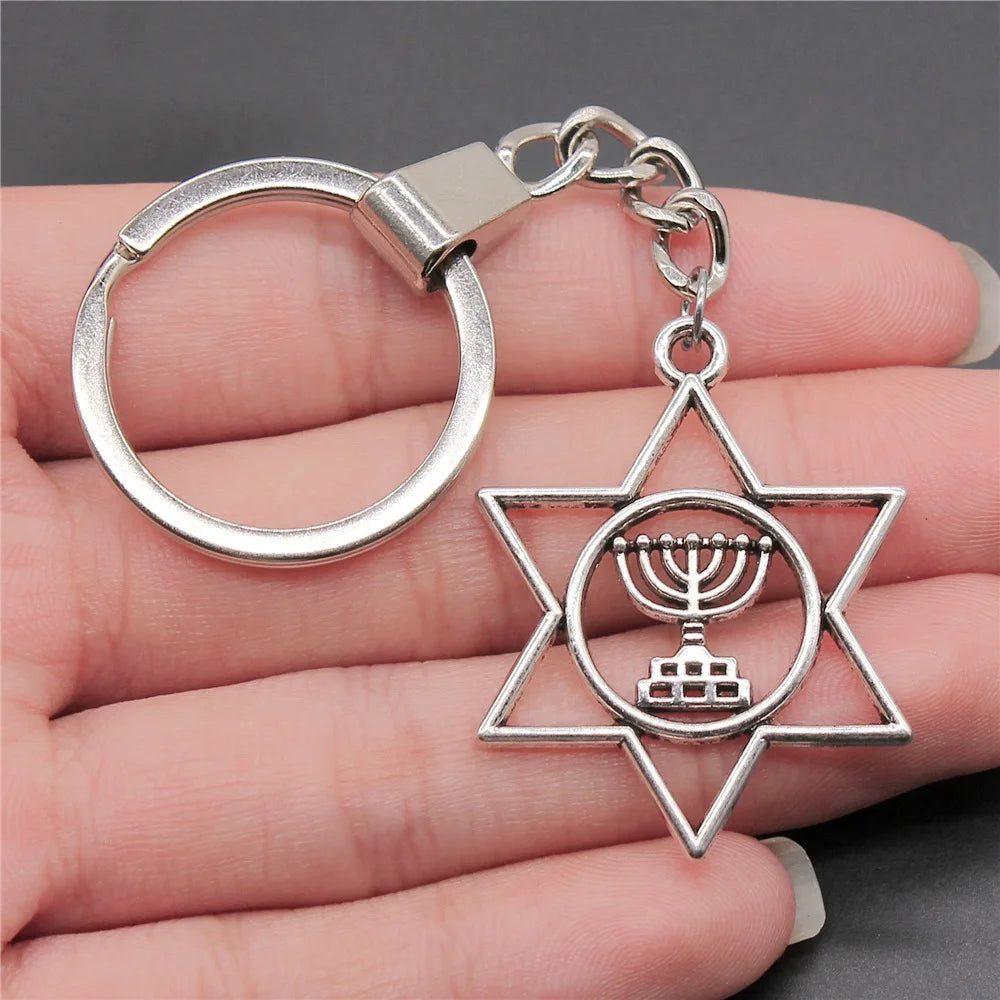 Ancient Israel Keychain - Antique Silver Color 39x32mm Menorah Star Of David - Bricks Masons