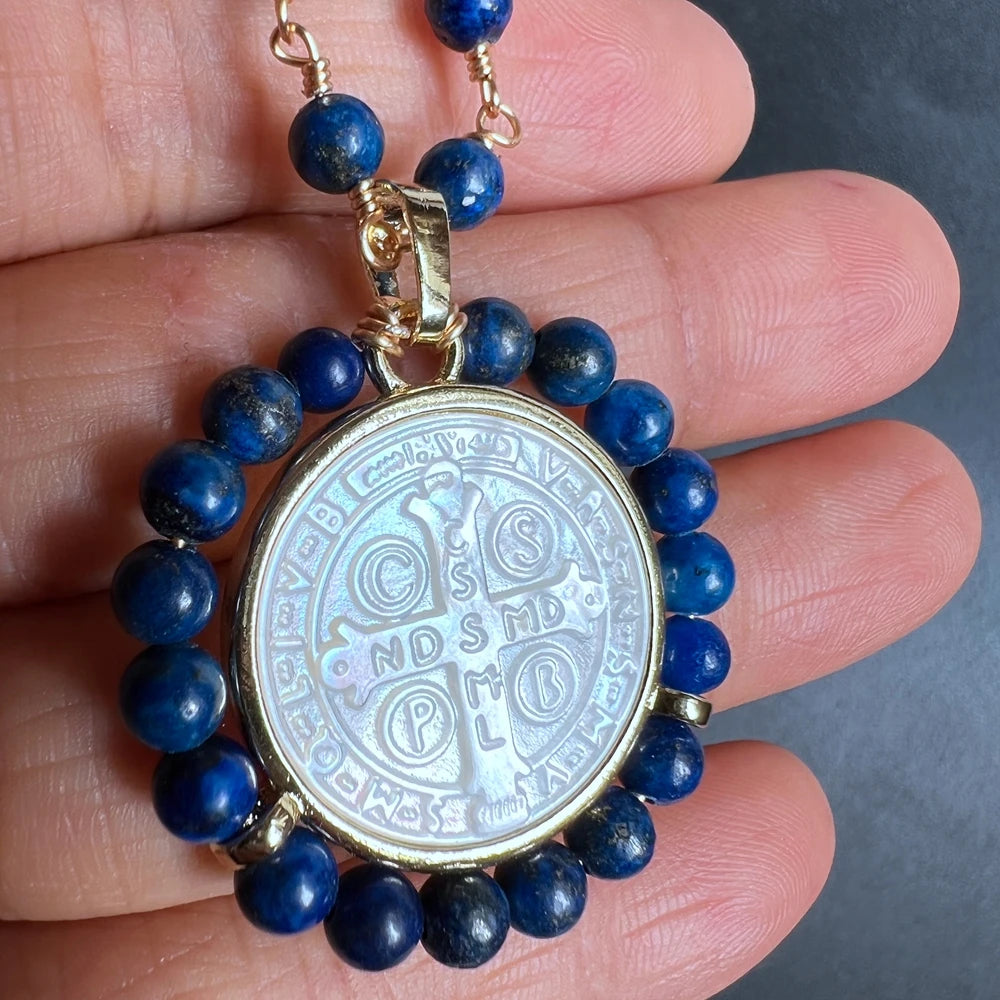 Knights Templar Commandery Necklace - Saint Benedict Natural Lapis Beads - Bricks Masons