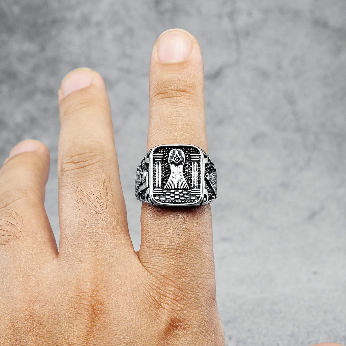 Master Mason Blue Lodge Ring - 316L Stainless Steel Pillars & Skeleton - Bricks Masons