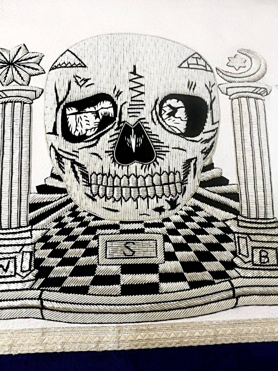 Master Mason Blue Lodge Apron - Skull Pillars Masters Carpet Silver Embroidery