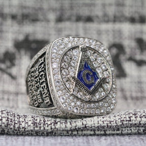 Master Mason Blue Lodge Ring - White Gold Plated Rhinestones With S&C G - Bricks Masons