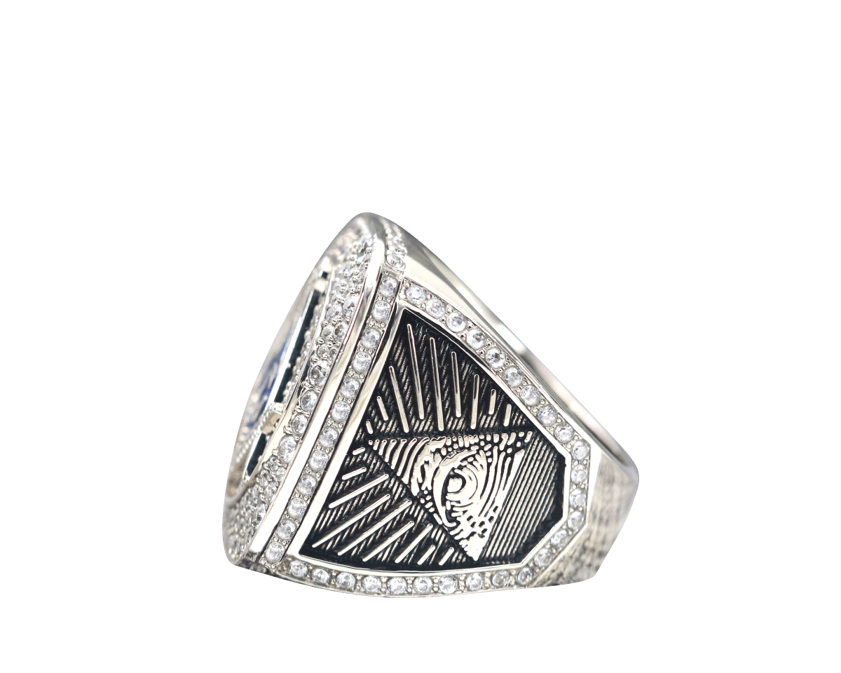 Master Mason Blue Lodge Ring - White Gold Plated With Rhinestones - Bricks Masons