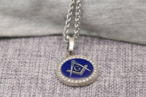 Master Mason Blue Lodge Necklace - White Gold Plated With Blue - Bricks Masons