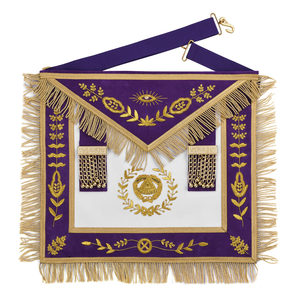 Grand Master Blue Lodge Apron - Purple Velvet Gold Bullion With Golden Braid Fringe - Bricks Masons