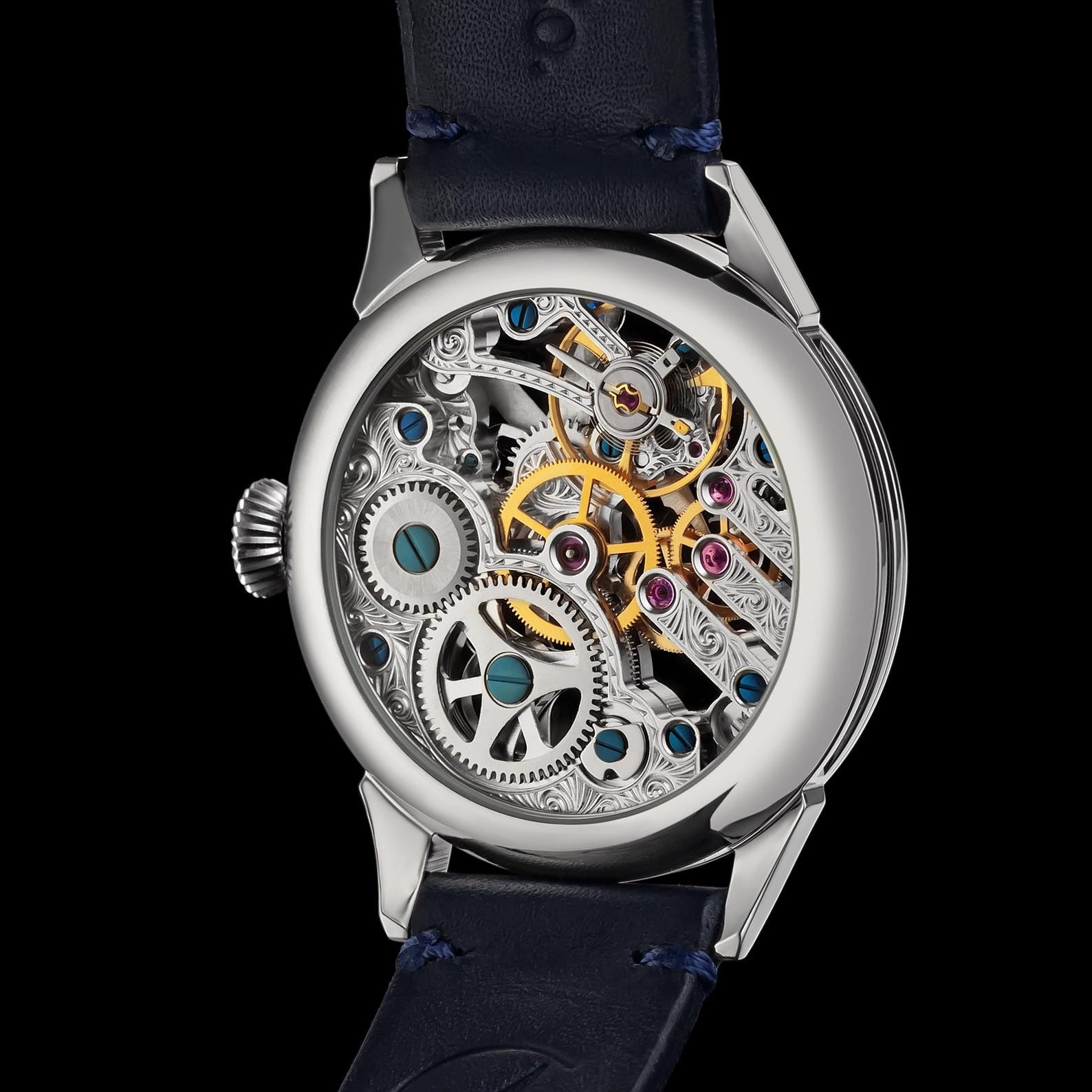 Master Mason Blue Lodge Wristwatch - Silver Skeleton With Stones