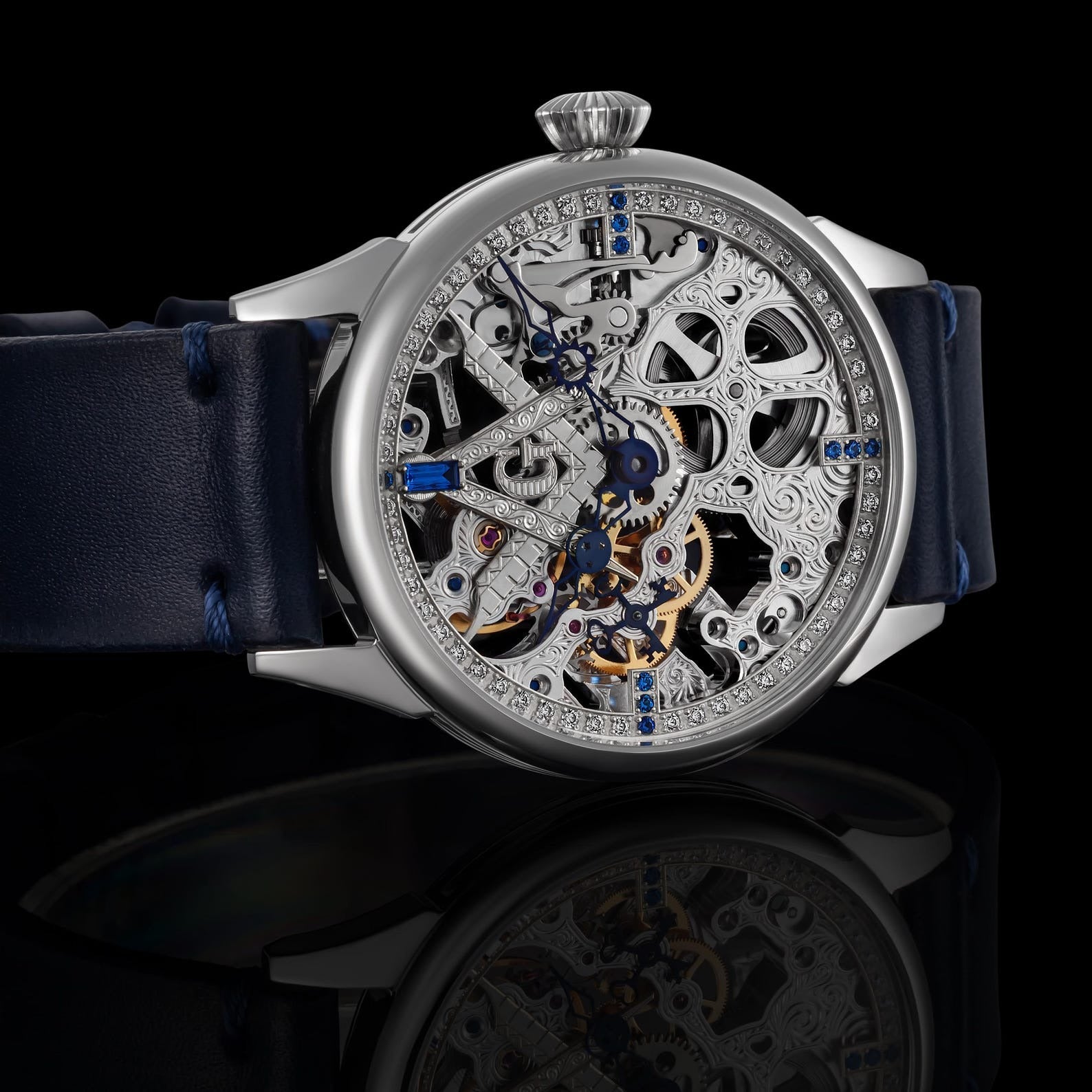 Master Mason Blue Lodge Wristwatch - Silver Skeleton With Stones
