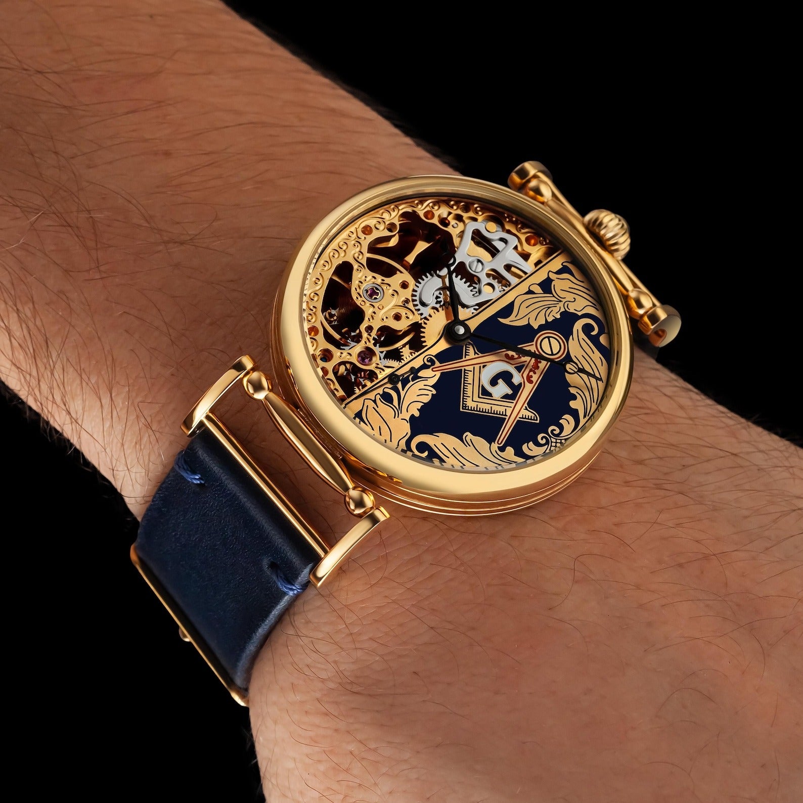 Master Mason Blue Lodge Wristwatch - Gold Skeleton Dial Intricate Detailing