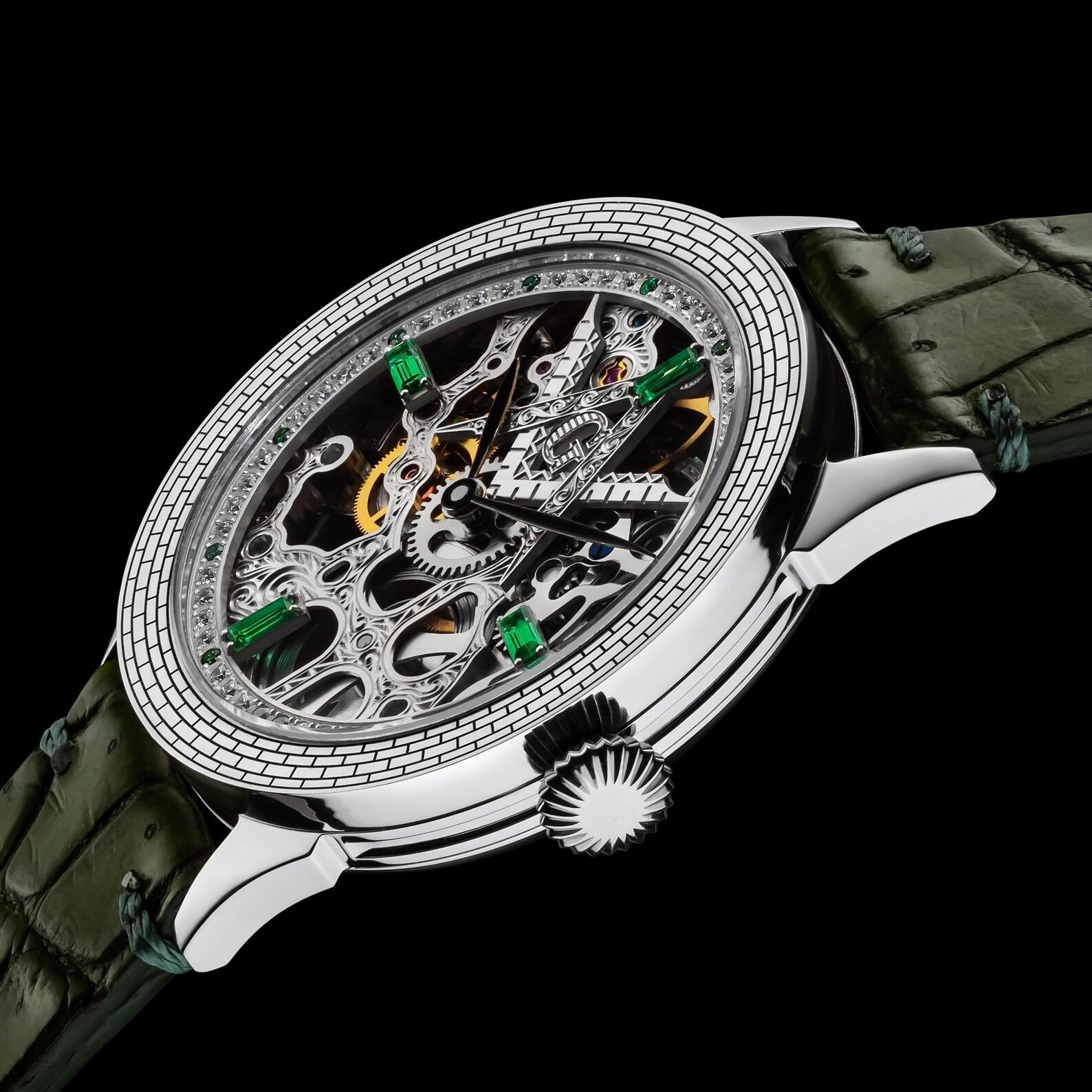 Master Mason Blue Lodge Wristwatch - Silver Skeleton & Green Leather Strap