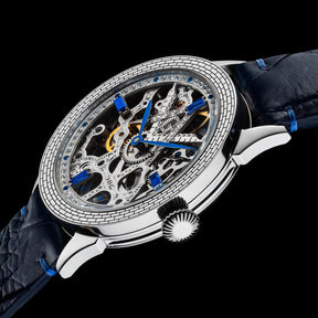 Master Mason Blue Lodge Wristwatch -  Silver Skeleton With Blue Leather Strap
