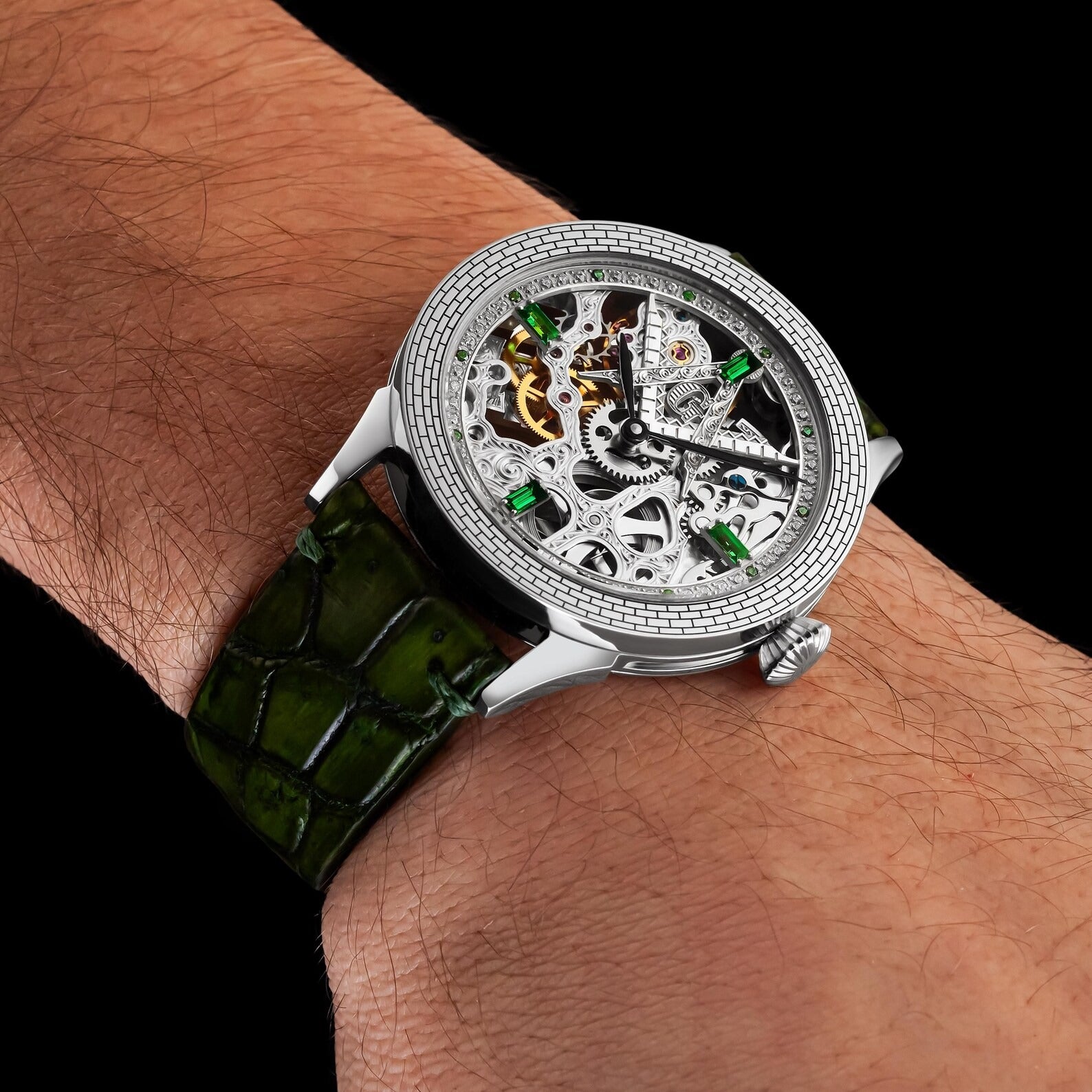 Master Mason Blue Lodge Wristwatch - Silver Skeleton & Green Leather Strap