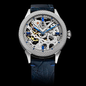 Master Mason Blue Lodge Wristwatch -  Silver Skeleton With Blue Leather Strap