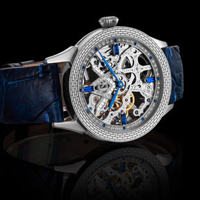 Master Mason Blue Lodge Wristwatch -  Silver Skeleton With Blue Leather Strap